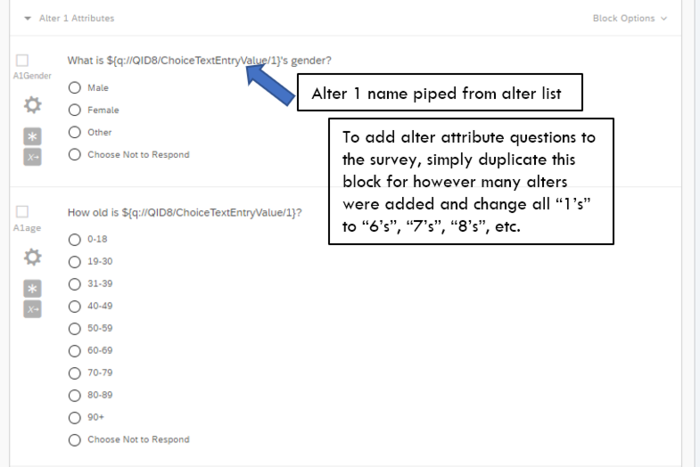 Example of Qualtrics code for piped text from alter list